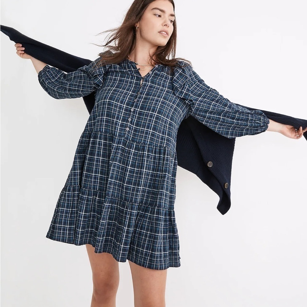 NWOT Madewell Gauze Ruffle-Trimmed Mini Dress deep indigo